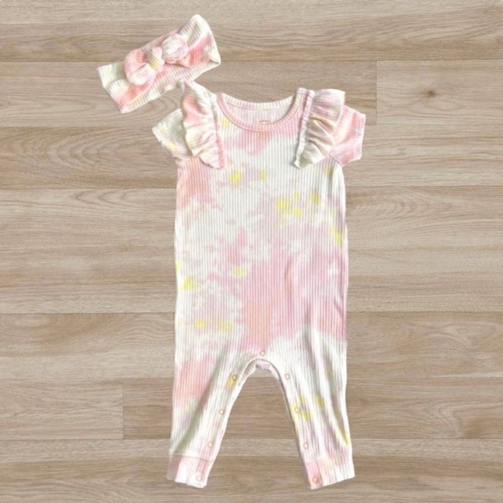 Baby Cat and Jack Girl's Tie Dye Romper‎ with Matching Bow 3-6 months